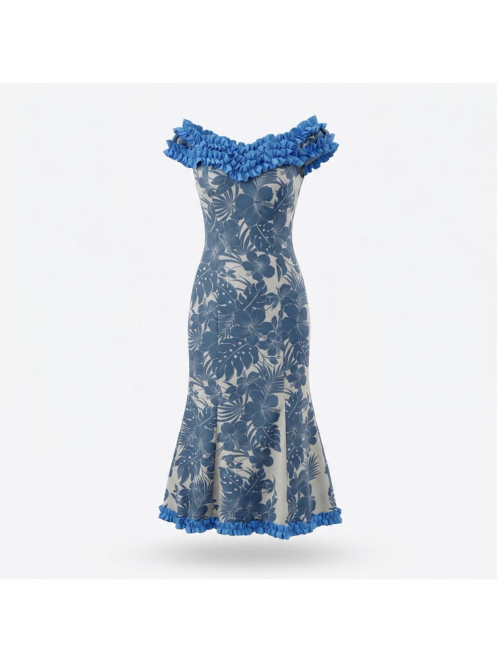 Blue Floral Off-Shoulder Ruffle Midi Dress